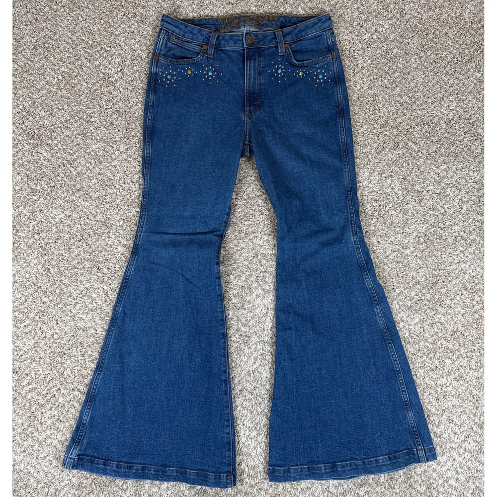 Wrangler Blue Denim High-Waist Flare Jeans Wide Leg - Picture 2 of 10